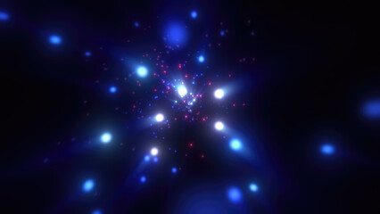 Abstract bright blue glowing background with flying dots circles bokeh energy particles and light rays