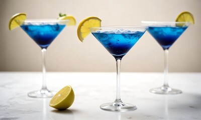 Blue cocktail served on a minimalist white surface