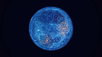Abstract blue bright glowing background with a sphere core atom energy burning ball circle made of waves of energy rays and plasma with light