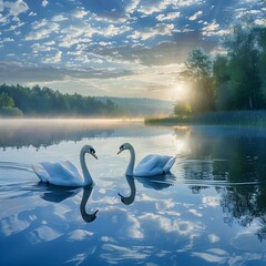 Tranquil Lake with Graceful Swans Gliding on Mirrored Waters