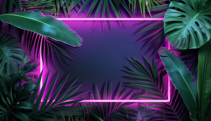 Neon fluorescent layout with tropical leaves