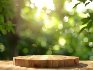 Fototapeta premium Wooden podium with green bokeh and sun light