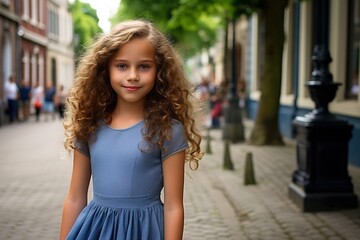 Fototapeta premium A young girl with long hair is standing on a sidewalk in front of a building