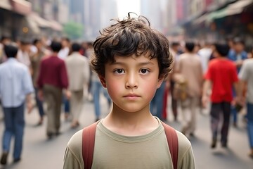 A young boy stands in the middle of a crowded street, looking at the camera
