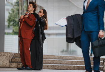 A businesswoman helps a colleague adjust his tie outside an office building, highlighting teamwork and professionalism in a busy corporate environment.