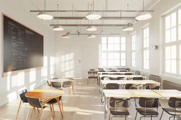 modern bright class room with tables, chairs and chalkkboard with copy space