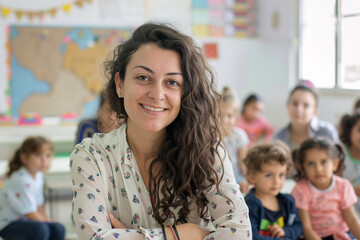 Obraz premium portrait of woman teacher in modern class room with many kids