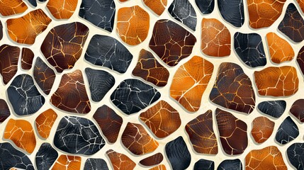 Fototapeta premium Seamless pattern of black, brown, and orange irregular shaped stones on a white background.