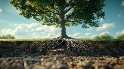 Tree with root underground. Generative AI.