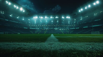 Football field illuminated by stadium lights, american football stadium.