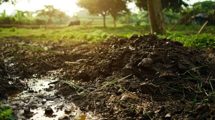 Obraz premium Photography of fresh cow dung in a natural farm setting