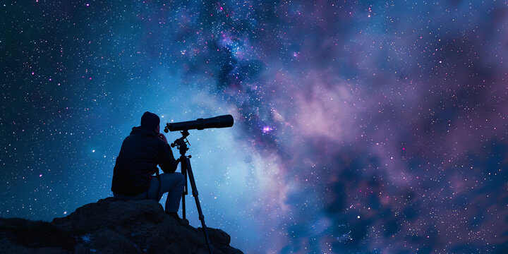 astronomer with telescope watching at the stars