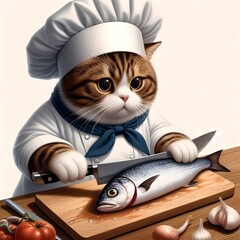 料理人の格好で魚を調理している猫