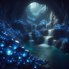 青く発光する宝石と水源が中にある洞窟