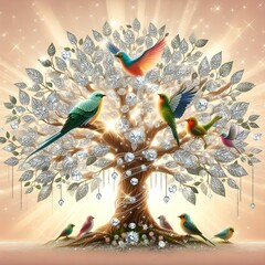 ダイヤモンドの木とカラフルな鳥