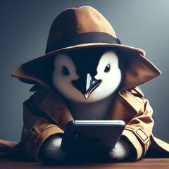 探偵の格好をした子供のペンギンがスマートフォンを見ている
