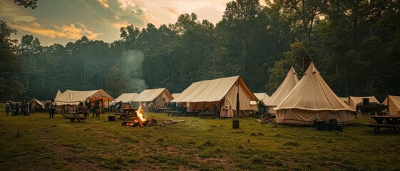 A reenactment camp with tents and a campfire celebrating the history behind Independence Day