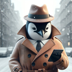 スマートフォンの画面をチェックするコートと帽子を着用したペンギンの紳士