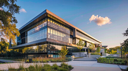 Fototapeta premium Modern Office Building Exterior With Glass Facade And Landscaped Surroundings On A Sunny Day With Blue Sky And Clouds Stock Photo