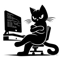 猫が腕組みしながらパソコンの画面を睨んでいるシルエット