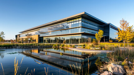 Modern Office Building Exterior With Pond and Fall Colors on a Sunny Day at Sunset Corporate Headquarters