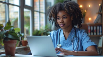 A black nurse working on her laptop in her home office, which has a modern and clean setting with natural light streaming through the windows. Generative AI.