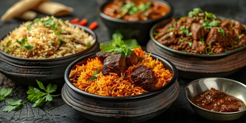 Obraz premium A variety of flavorful Indian and Sri Lankan biryanis with meat and rice. Concept Indian cuisine, Sri Lankan dishes, Flavorful biryanis, Meat and rice dishes, Food exploration