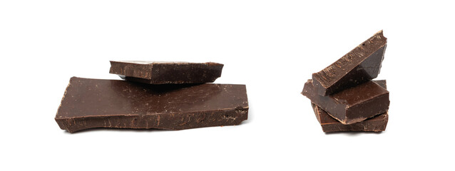 Broken chocolate bar stack, isolated. Milk chocolate square pieces, cubes, small bloks pile, choco