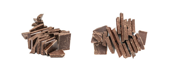 Broken chocolate bar stack, isolated. Milk chocolate square pieces, cubes, small bloks pile, choco