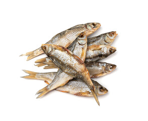 Dry roach, salted fish isolated, dried rutilus, taranka beer snack, whole salted and dried fish, prepared seafood