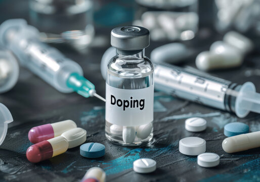 Close-up of a bottle of dope, pills and syringes. The concept of doping in big-time sports. Doping can help athletes strengthen strength and muscles