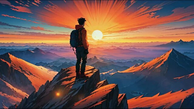 cartoon animation of a young man with backpack standing on top of a mountain at sunset - 4k new beautiful colorful stock video footage AI 