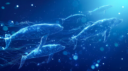 Glowing Polygonal Dolphins Swimming in Deep Blue Ocean Digital Art Abstract Marine Life Background Wallpaper