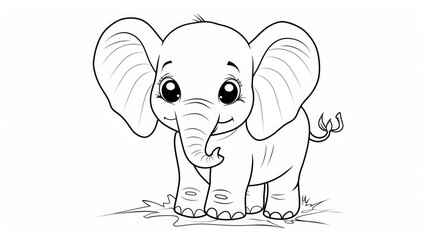 Black and white image showcasing a cute elephant calf illustration in a cartoon style