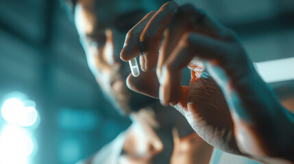 The man holds a white pill in a capsule in his hand. The doping industry in big-time sports. Doping destroys the spirit of fair play and athletic competition