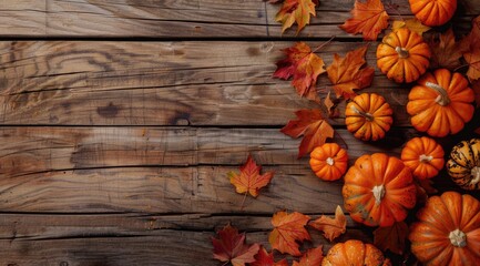 Autumn pumpkins and leaves on wooden background, depicting the essence of fall