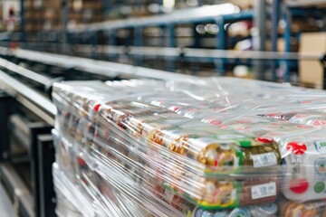 Pallet of wrapped food products in warehouse