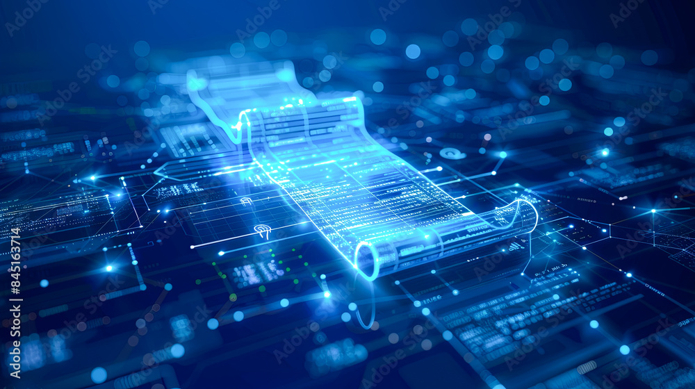 Poster futuristic digital scroll on circuit board background with glowing lines and nodes - technology inno