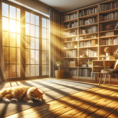 夕日の差し込む窓際の書斎