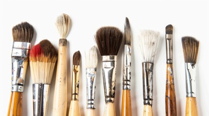 Clean paint brushes of various sizes on wooden handles white background focus on brushes