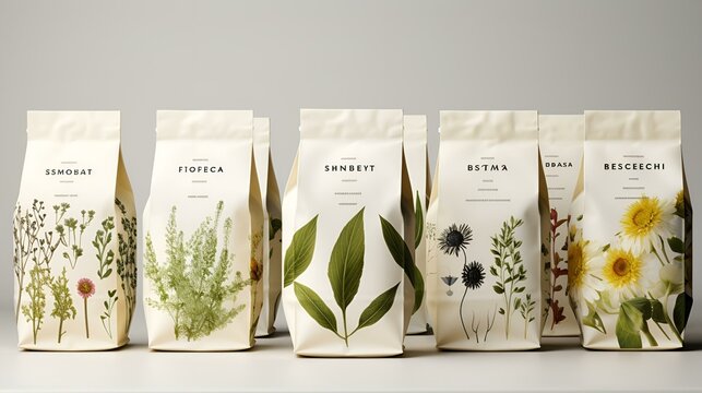 A variety of tea bags featuring different plants.