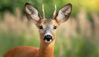 Obraz premium Detail of head of roe deer, capreolus capreolus, buck in summer. Close-up of wild roebuck in nature