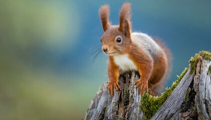 Red squirrel perched on the end of log with a blue & green background, Taken in the Cairngorms National Park, Scotland