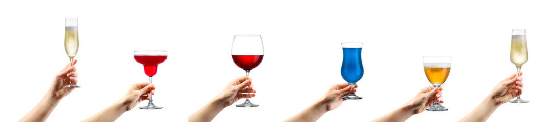 Woman hands holding cocktails, champagne and beer glasses isolated on white.