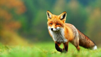 Fototapeta premium Red Fox hunting, Fox on the green forest meadow