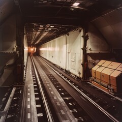 Conveyor belt transporting packages into the cargo hold of a waiting aircraft.