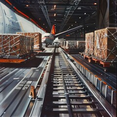 Conveyor belt transporting packages into the cargo hold of a waiting aircraft.