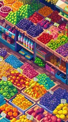 Obraz premium Vibrant illustration of a bustling market with an array of colorful fruits displayed in crates and shelves, capturing a lively atmosphere