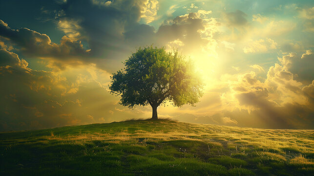 A vast landscape with a single tree standing resiliently against a backdrop of dramatic clouds and sunlight. Symbolizes strength, solitude, and the beauty of nature