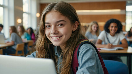 Teenager Close up face of school girl looking at camera while studying on computer. Portrait of smiling young woman student using laptop in university library with classmates